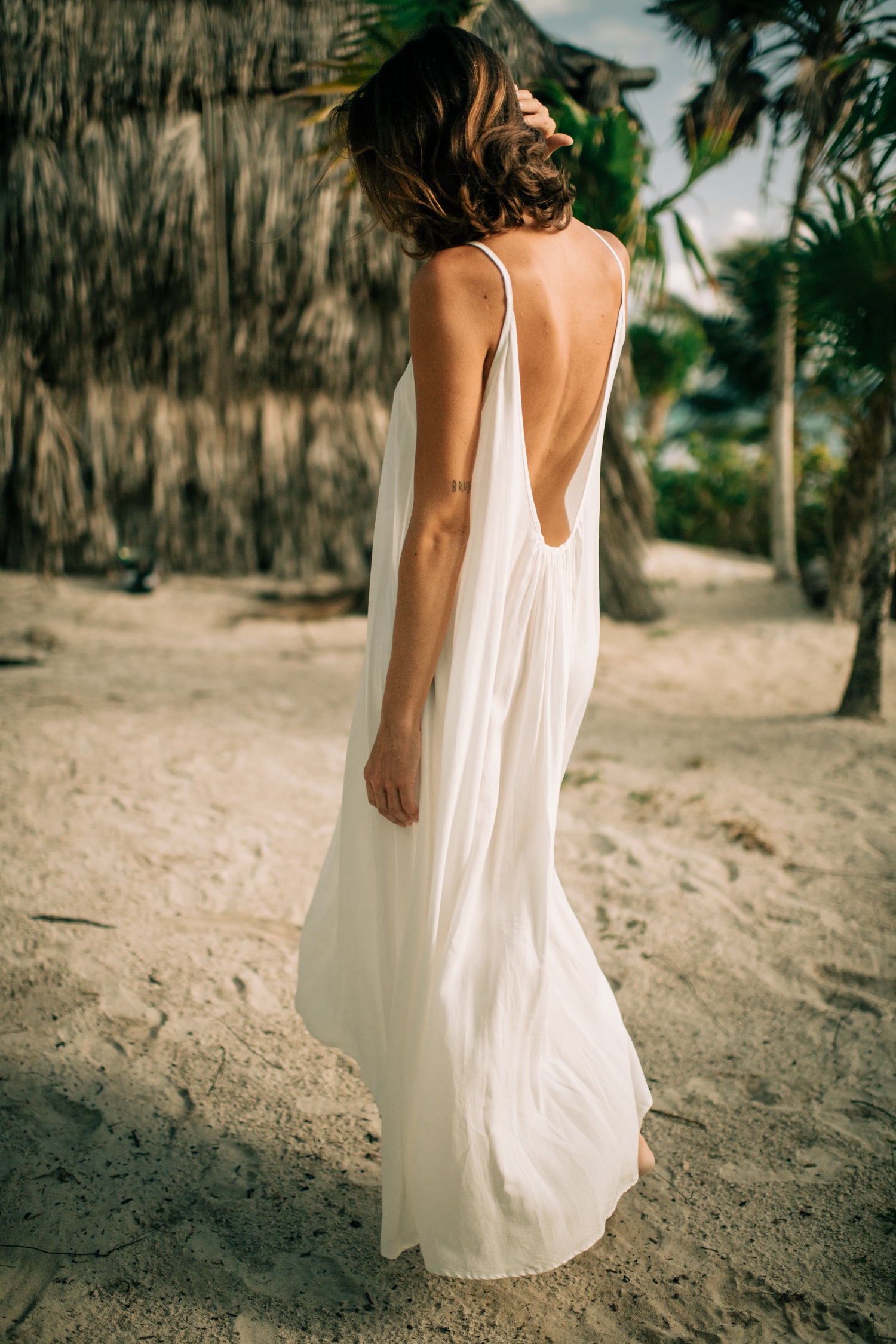 Low back maxi dress boho chic white beach dress handmade in Tulum. Natural cotton boho Tulum dress. Beach Bride Dress.